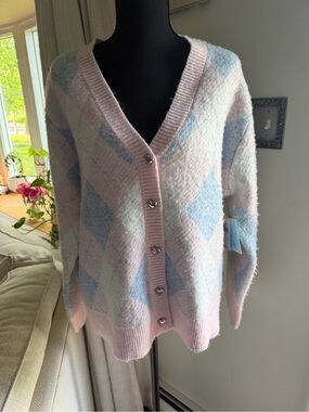 CeCe Pastel Argyle V-Neck Cardigan in Pink and Light Blue